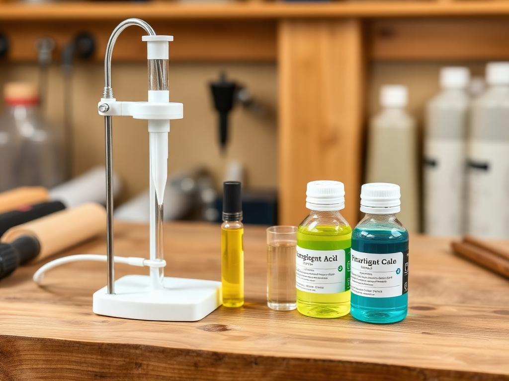 An acid titration test kit with burette, color indicator and reagent bottles on a wooden workbench