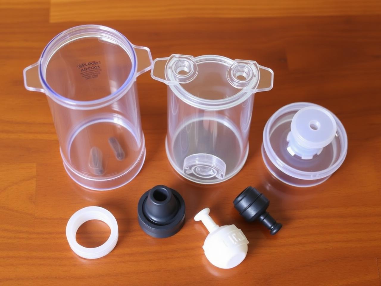 Three plastic airlocks and three rubber stoppers on a wooden surface