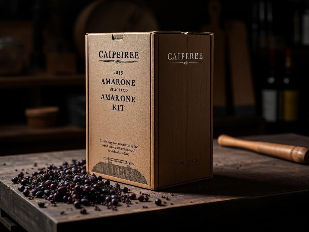 A premium Italian Amarone-style wine kit box with crushed grape skins on a dark wooden surface