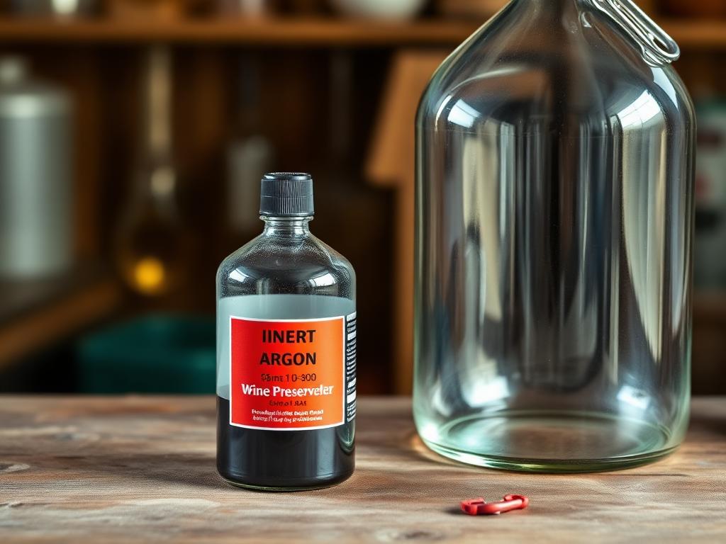 A canister of inert argon wine preserver gas beside a glass carboy