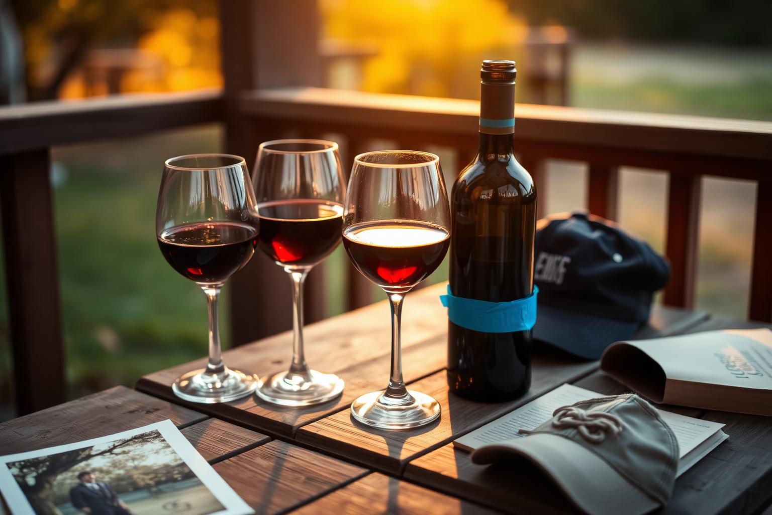 Two mismatched wine glasses of red wine on a weathered porch table at golden hour, next to an open dark bottle wrapped with blue painters tape