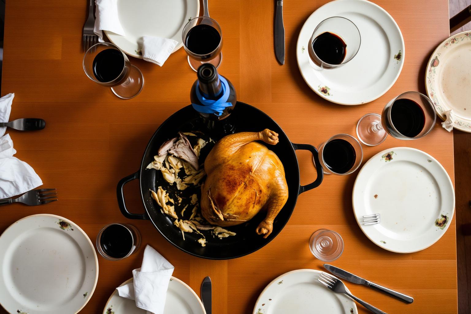 Overhead shot of a casual dinner table mid-meal with a roast chicken in a cast iron skillet, mismatched plates, several wine glasses of red wine, and a dark wine bottle wrapped in blue painters tape in the middle
