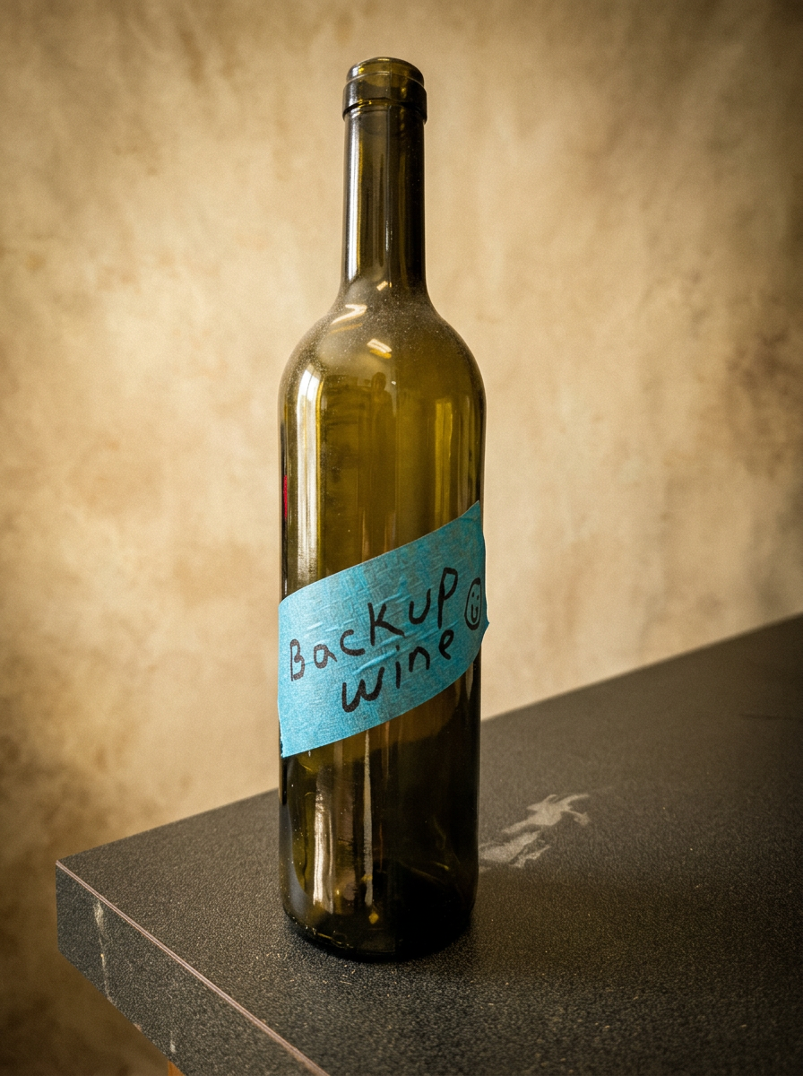 Editorial parchment-toned still life of the original 'Backup Wine' bottle: empty green wine bottle with a strip of blue painter's tape across it reading 'Backup Wine' in black marker