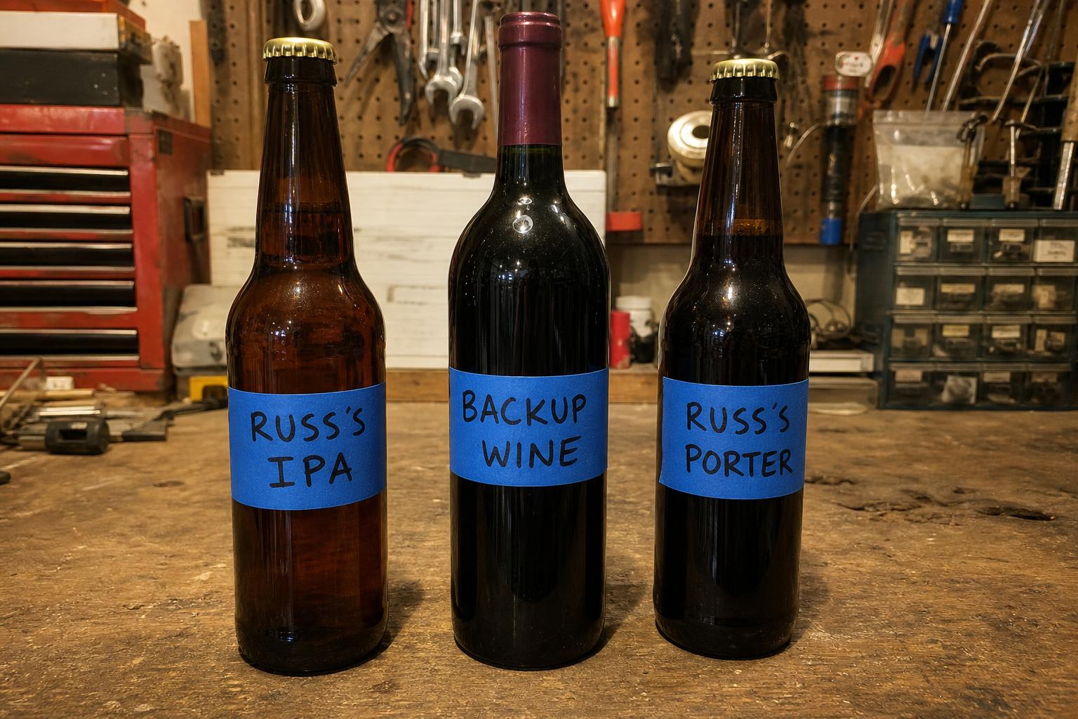 Two amber homemade beer bottles flanking a dark red wine bottle on a wooden workbench, each labeled with bright blue painters tape and sharpie — RUSS'S IPA, BACKUP WINE, RUSS'S PORTER