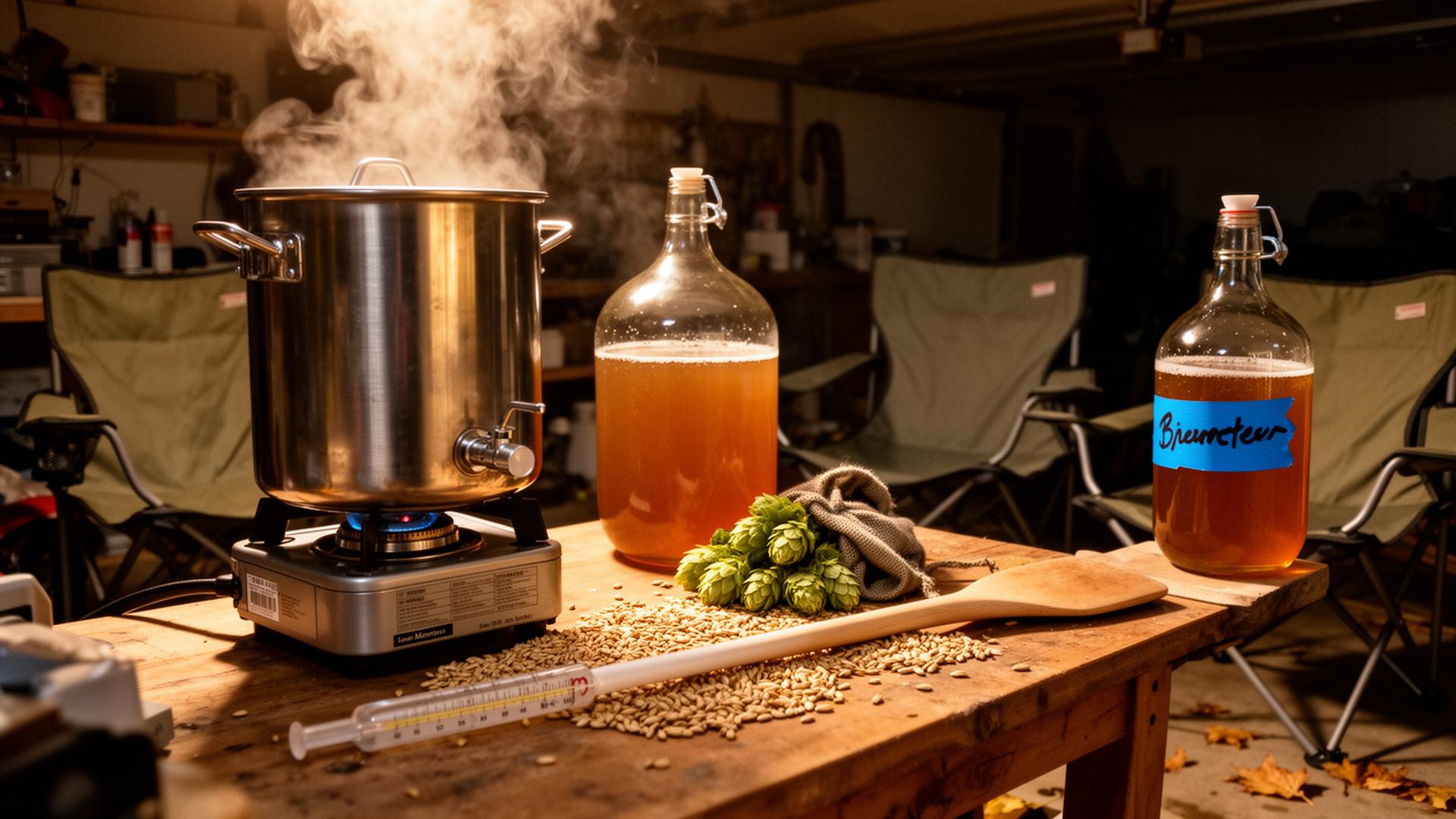 A home brewing setup in a warm-lit garage at dusk: stainless brew kettle steaming on a propane burner, glass carboy of amber wort, a bag of hops, scattered grain, and a homemade beer bottle with blue painters tape labeling on a wooden workbench