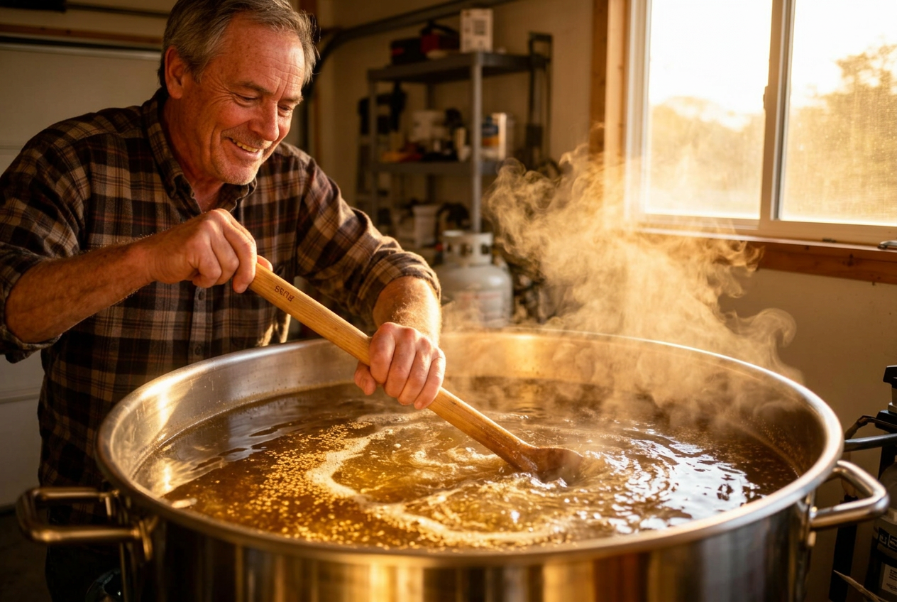 A middle-aged man in a flannel shirt stirring a large stainless brew kettle of hot wort with a long wooden paddle, golden afternoon light coming through a garage window