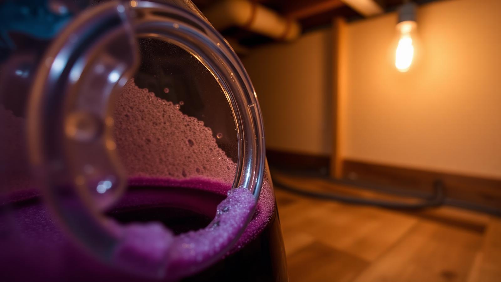 A glass carboy of dark wine bubbling through an airlock