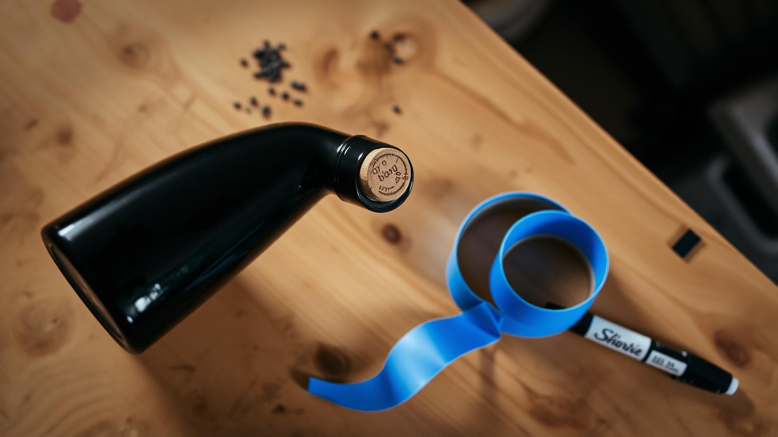 A corked dark wine bottle on a workbench next to blue painters tape and a sharpie