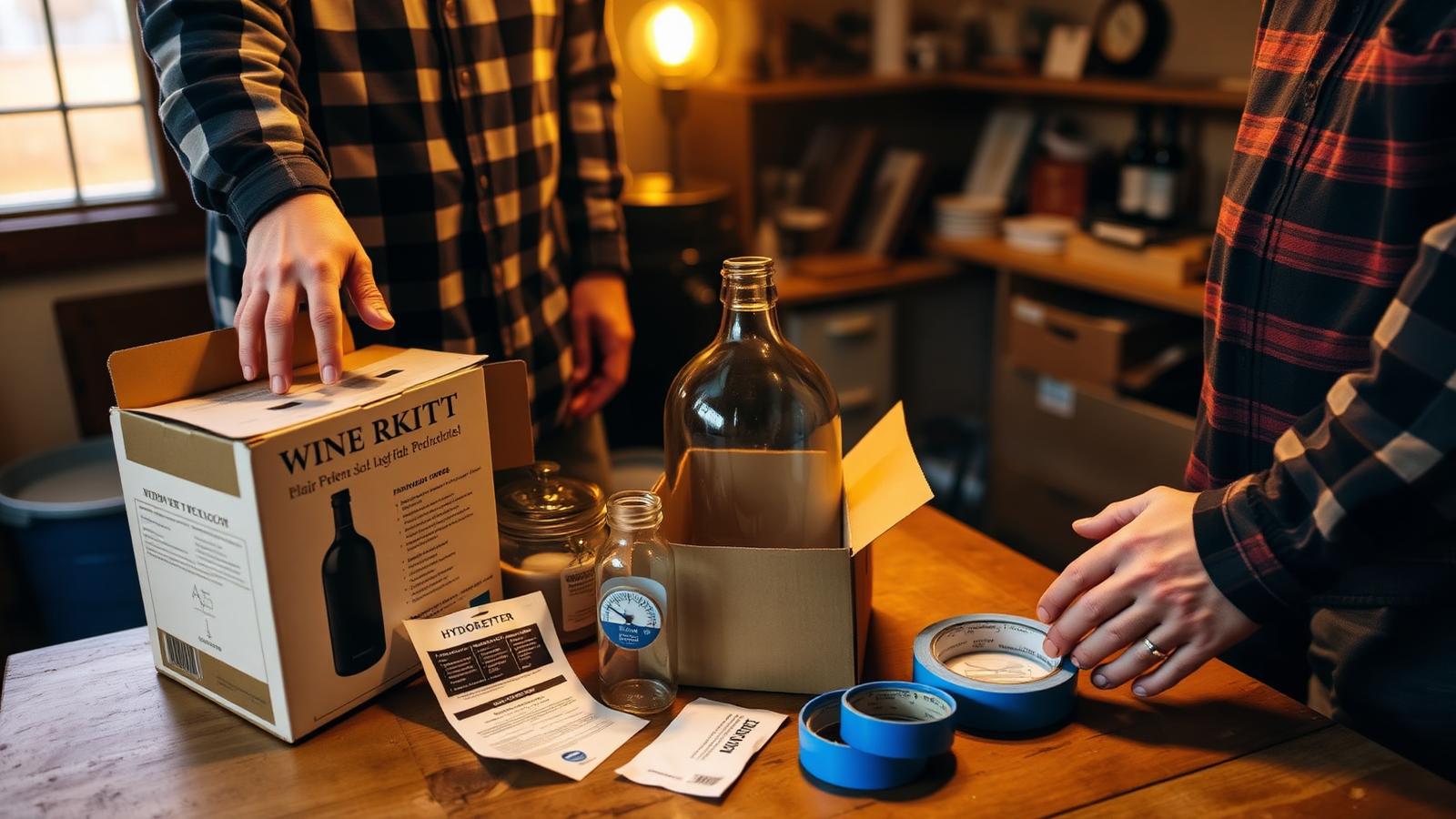 Two middle-aged men in flannel shirts unboxing a wine kit on a wooden table in a warm basement workshop, with a glass carboy, a hydrometer in a test jar, yeast packets, and a roll of blue painters tape laid out next to the box