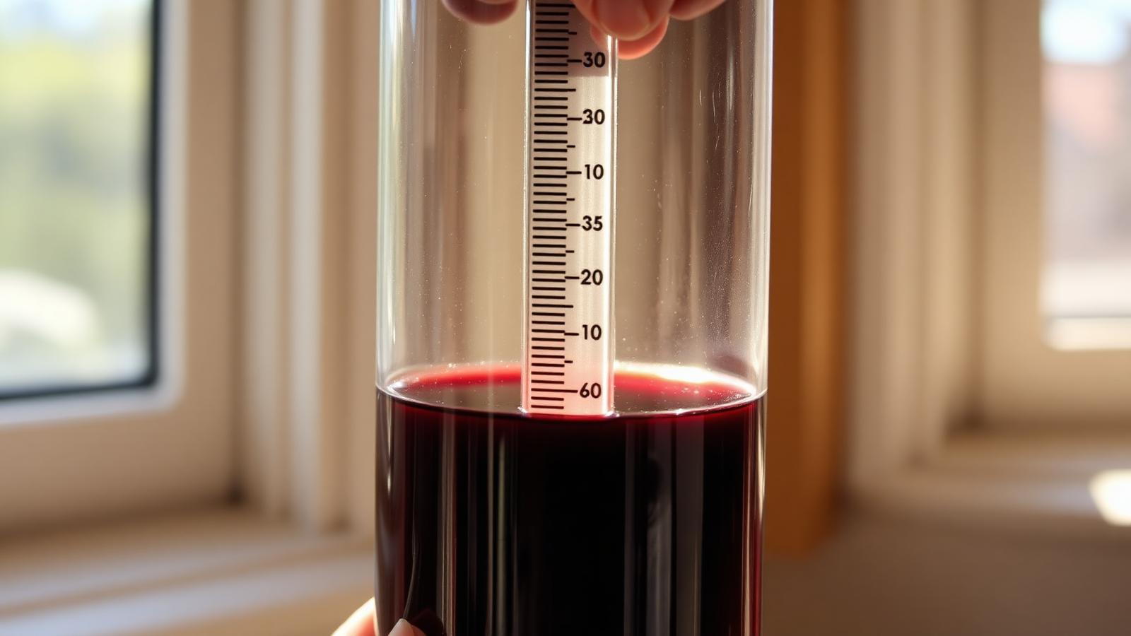 A hydrometer floating in a test jar of red wine