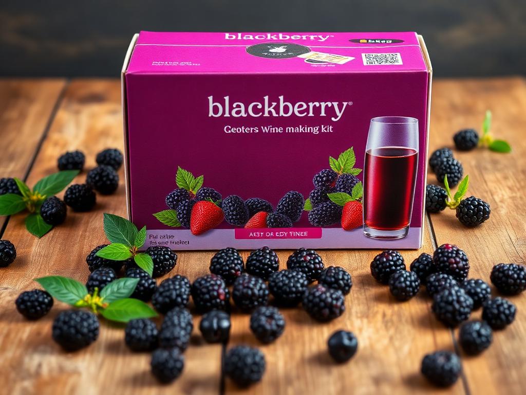 A blackberry fruit wine making kit box with fresh blackberries on a wooden table