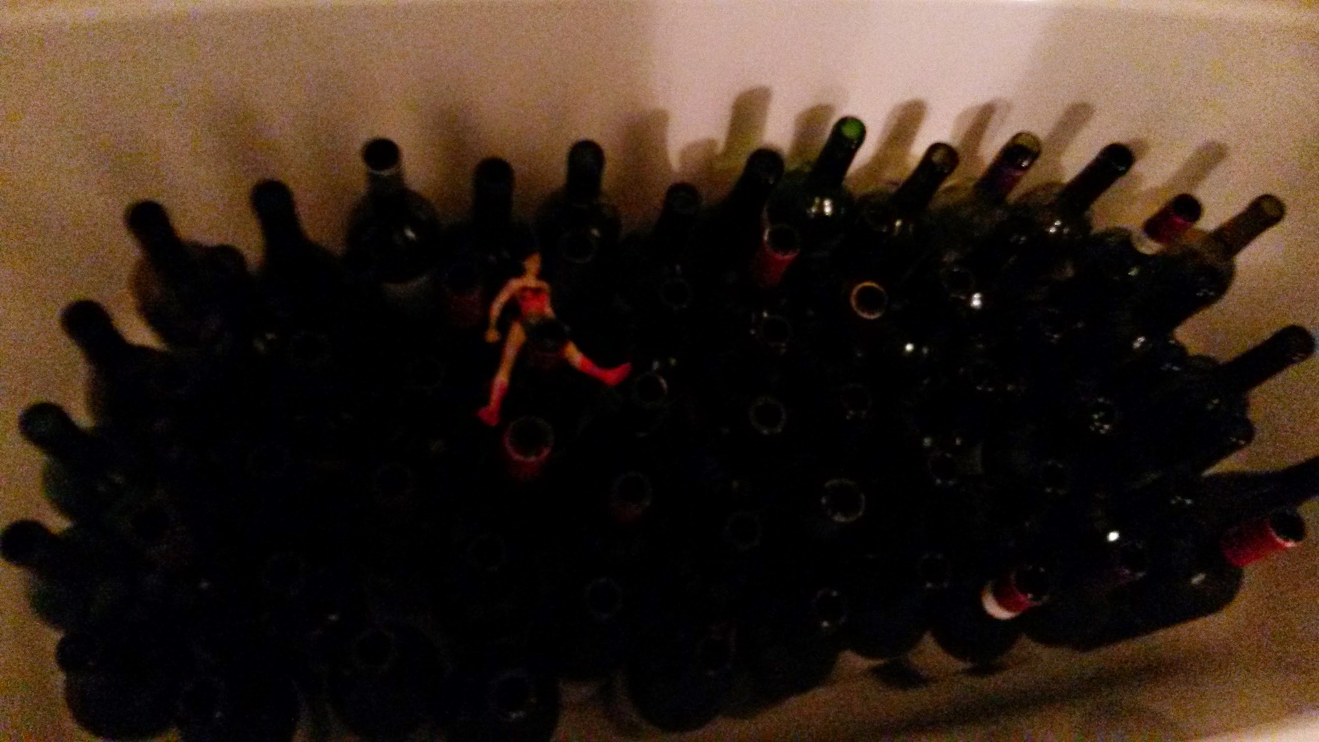 A dim bathroom photo of dozens of de-labeled wine bottles standing upright in a drained bathtub after their overnight bleach-water soak, with a small Wonder Woman figurine laying across the tops of the bottles like she's surveying the field