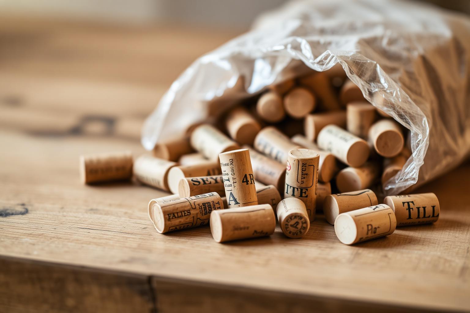 A bag of natural wine corks spilled across a wooden table, a few standing upright