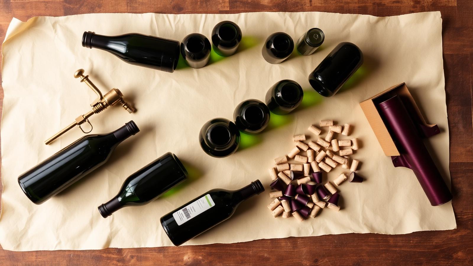 A flat-lay of bottling day supplies on a wooden workbench: empty dark green wine bottles, a brass floor corker, natural and synthetic corks, burgundy shrink capsules, and a stack of printed wine labels