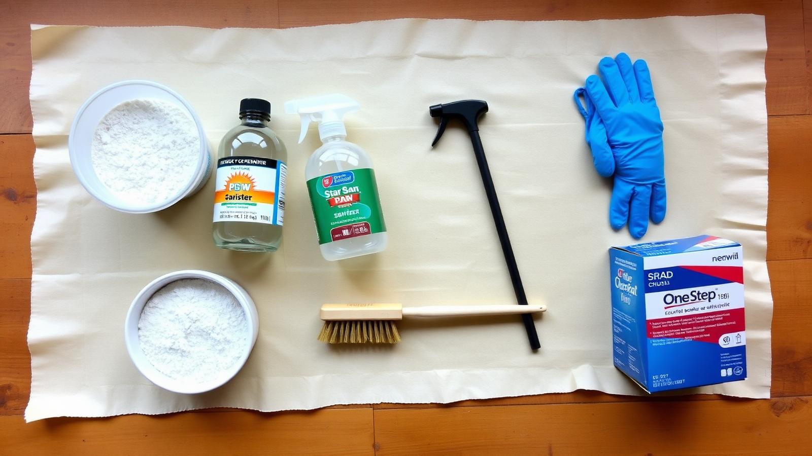 A flat-lay of home winemaking cleaning and sanitation supplies on a wooden workbench: PBW powder, Star San bottle, One Step cleanser tub, spray bottle, long-handled brush, and a box of nitrile gloves