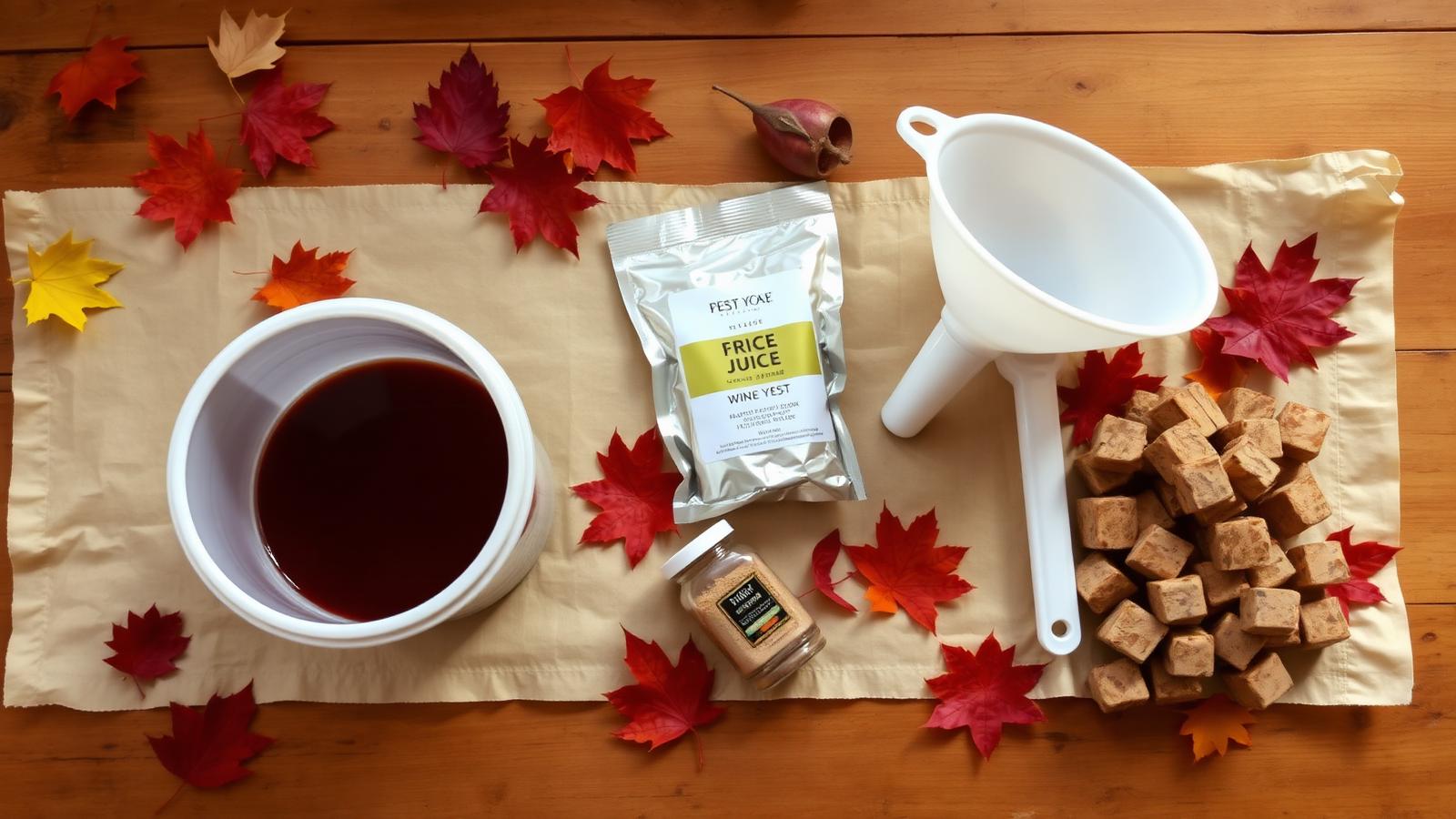 An autumn flat-lay with red maple leaves: a white plastic juice pail of fresh red grape juice, a foil sachet of wine yeast, a small jar of yeast nutrient, a large white funnel, and a pile of French oak cubes