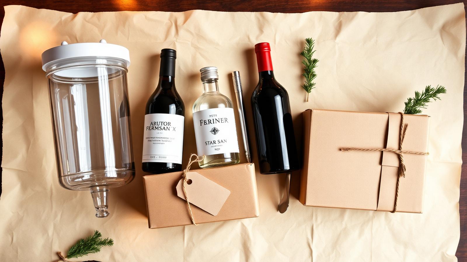 A holiday flat-lay arranged like a present: a clear PET Fermonster fermenter, an auto-siphon, a bottle of Star San, a hydrometer, a long stirring spoon, and a wine kit box wrapped in kraft paper with twine