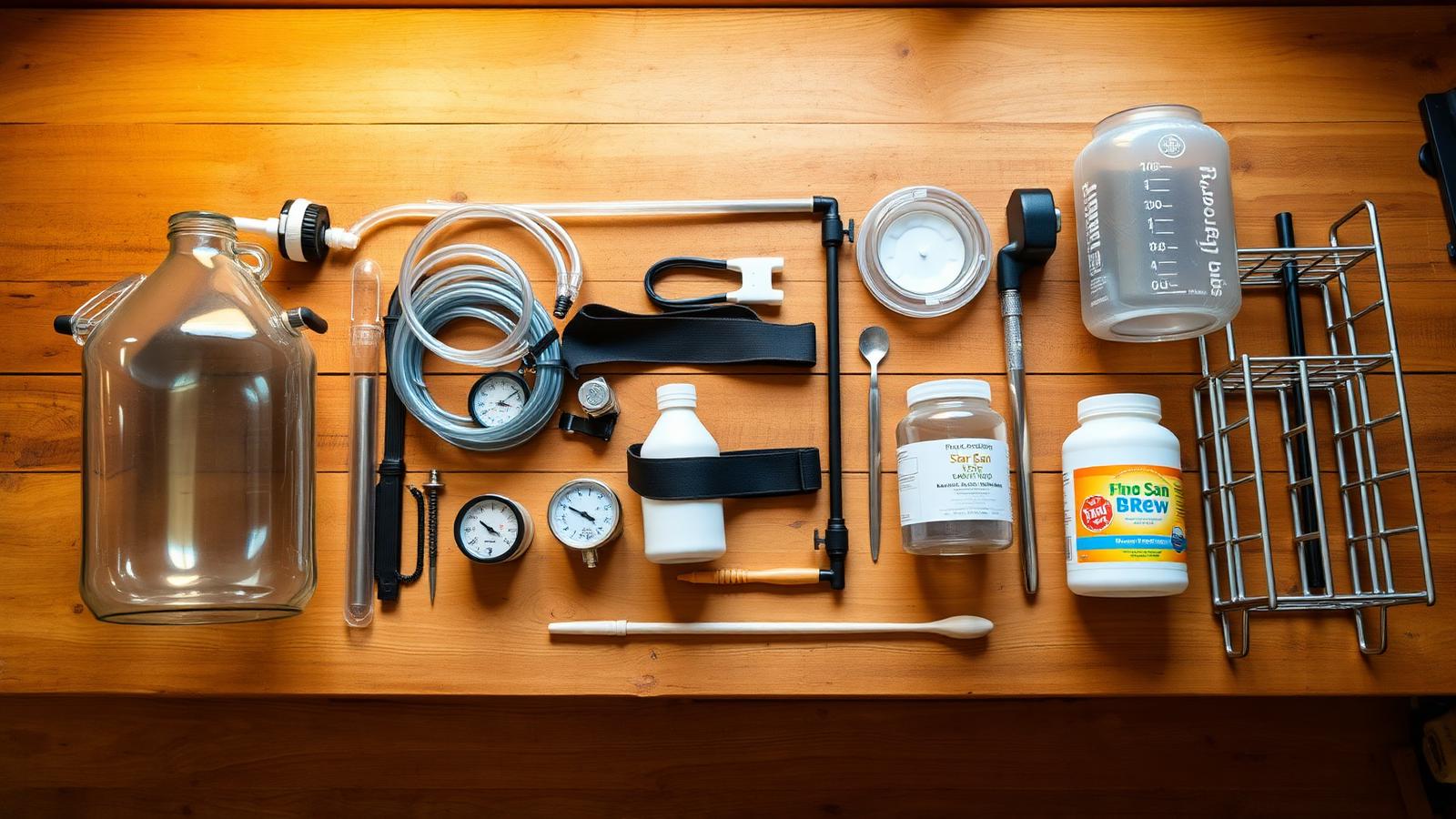 An organized flat-lay of home winemaking supplies on a wooden workbench: glass carboy, fermenter bucket, auto-siphon, tubing, airlocks, thermometer strip, heating belt, hydrometer, spoon, brushes, sanitizer, cleaner, bottle tree, and floor corker