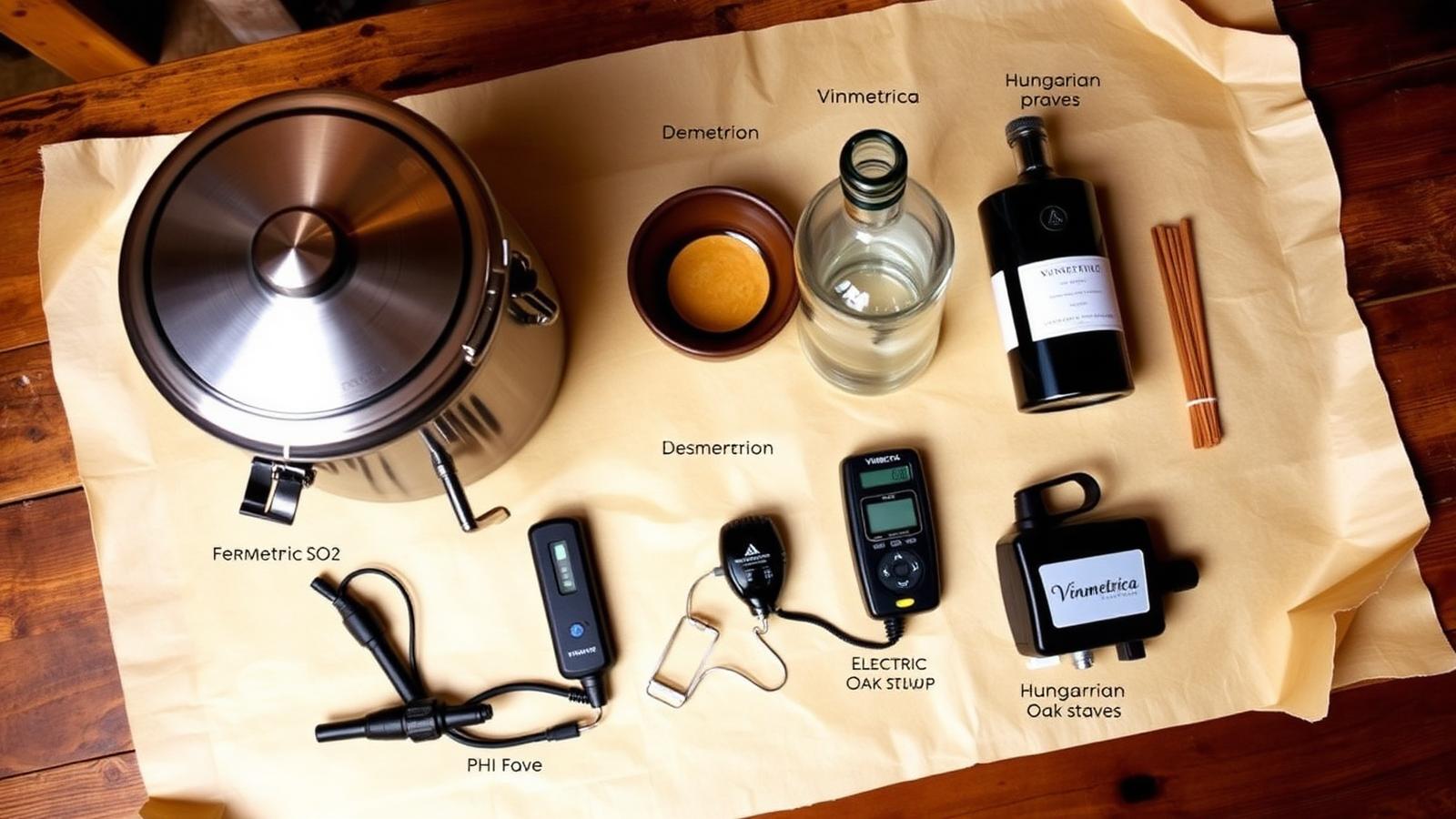 A workshop flat-lay of premium home winemaking equipment: a stainless steel Speidel fermenter, a glass demijohn, a Vinmetrica SO2 analyzer, a digital pH meter, an electric transfer pump, and Hungarian oak staves