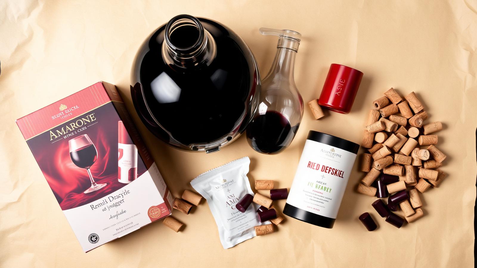 A cellar-mood flat-lay of premium red wine aging supplies: an Amarone wine kit box, a glass carboy of dark deep ruby aging red wine, French oak cubes, natural wine corks, an argon wine preserver, and burgundy shrink capsules