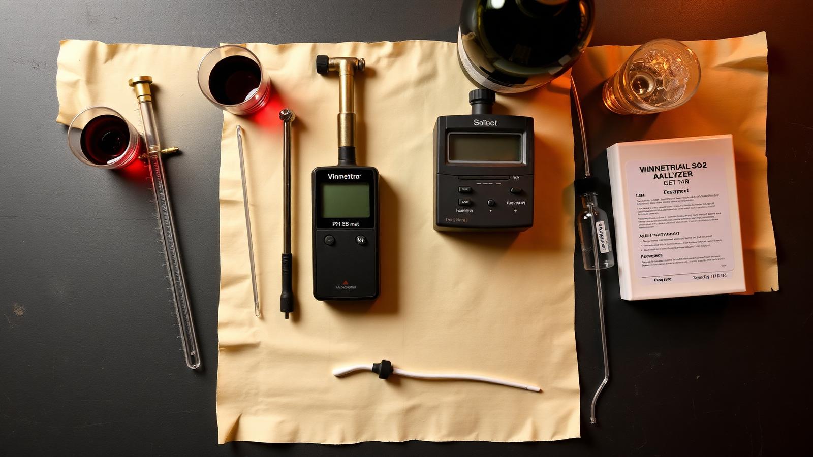 A laboratory-style flat-lay of wine testing instruments: a glass hydrometer in a cylinder of red wine, a brass refractometer, a digital pH meter, a Vinmetrica SO2 analyzer, an acid titration kit, and a long plastic wine thief