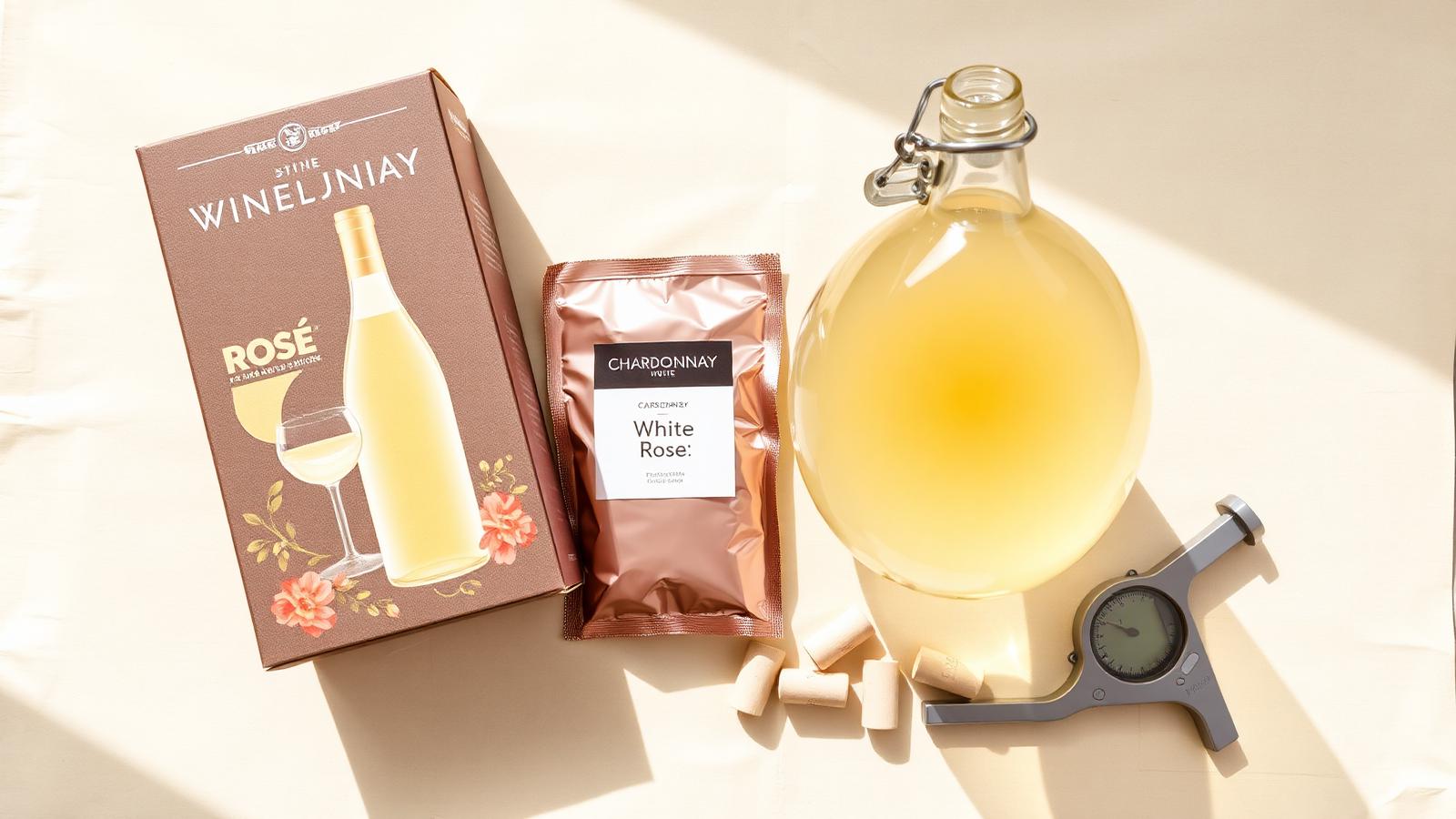 A bright sunny flat-lay of white and rosé winemaking supplies: a Chardonnay wine kit box, a glass carboy of pale golden white wine, a foil sachet of white wine yeast, synthetic corks, and a refractometer