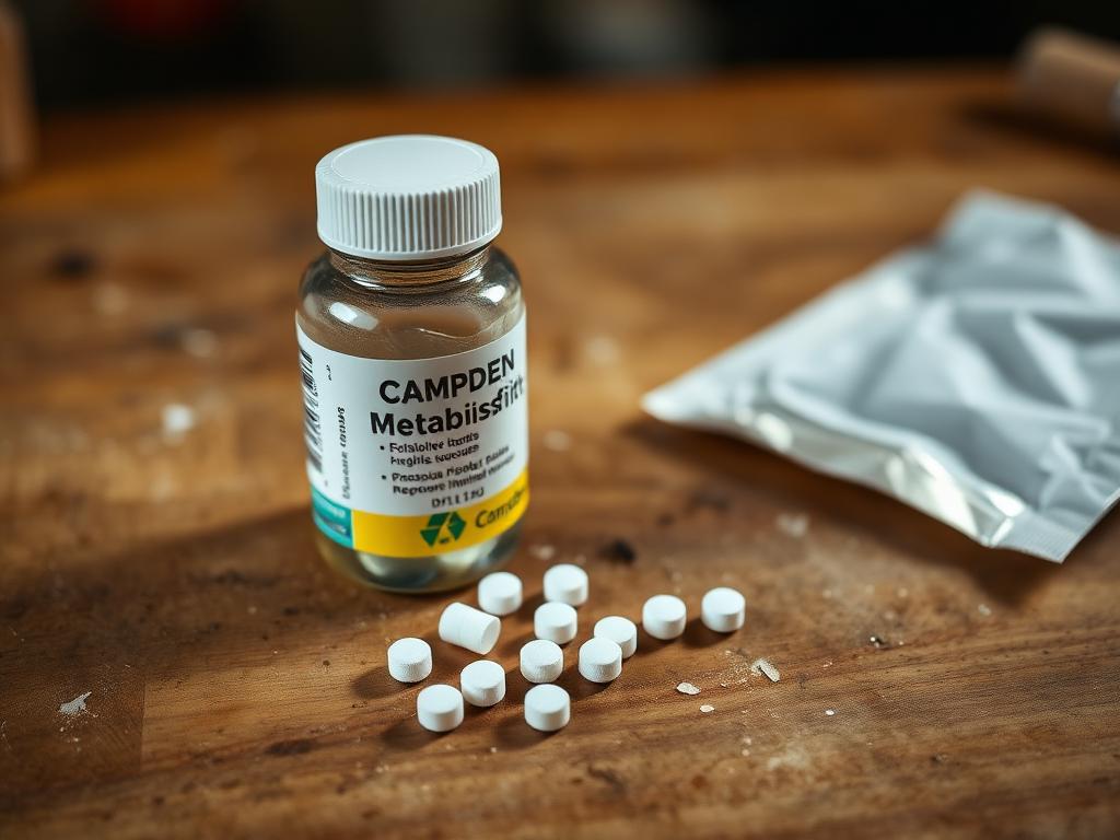 A small bottle of white Campden tablets spilled onto a wooden surface next to a glass of red wine