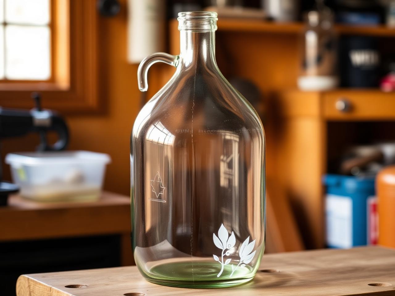 A 3-gallon clear glass carboy on a wooden workbench