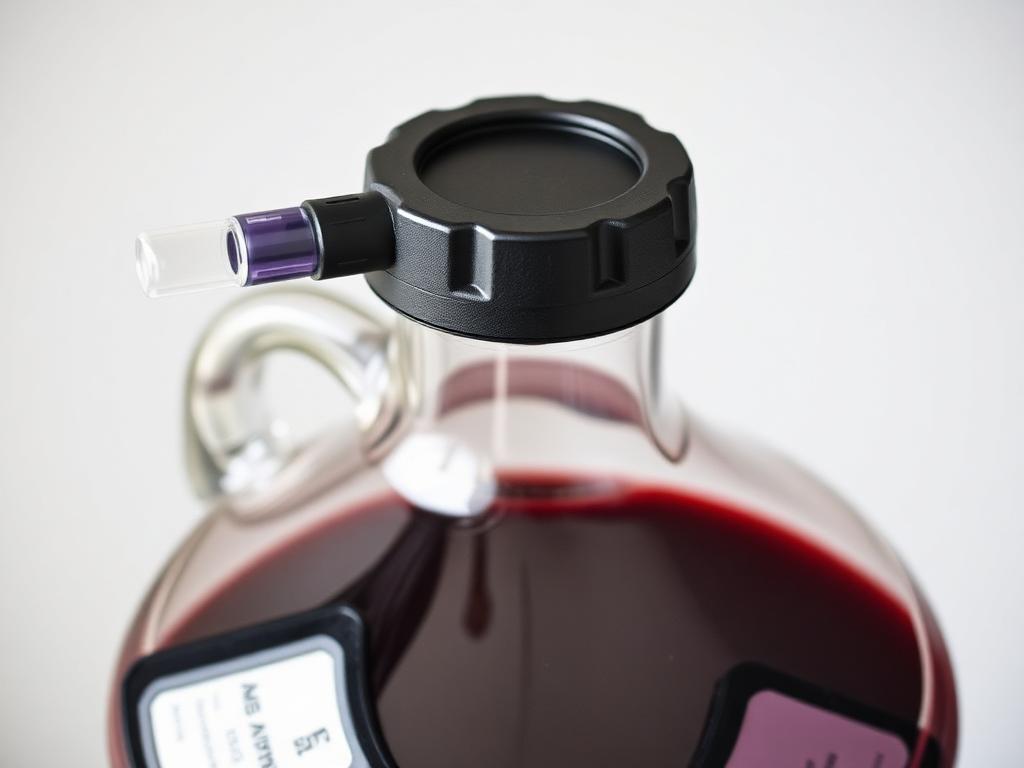 A black universal carboy cap with blowoff tube setup on top of a glass carboy