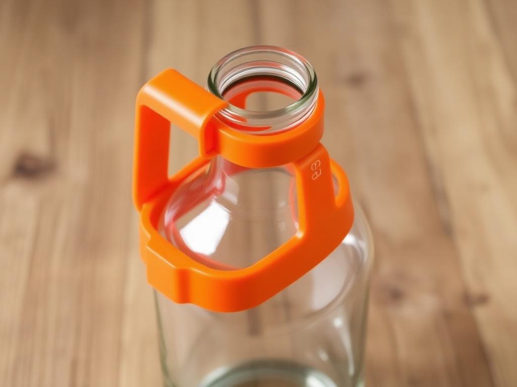 An orange plastic carboy handle clipped onto the neck of a glass carboy
