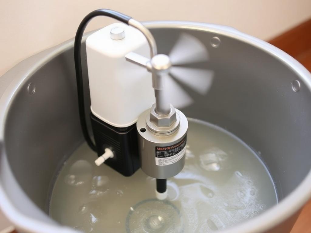 A drill-powered spinning carboy brush sitting next to an empty glass carboy in a utility sink