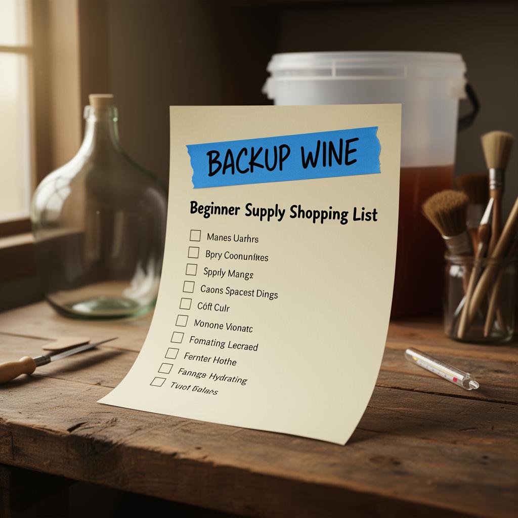 A printed Backup Wine beginner supply shopping list standing on a wooden workbench beside a glass carboy, fermenter bucket, hydrometer, and brushes
