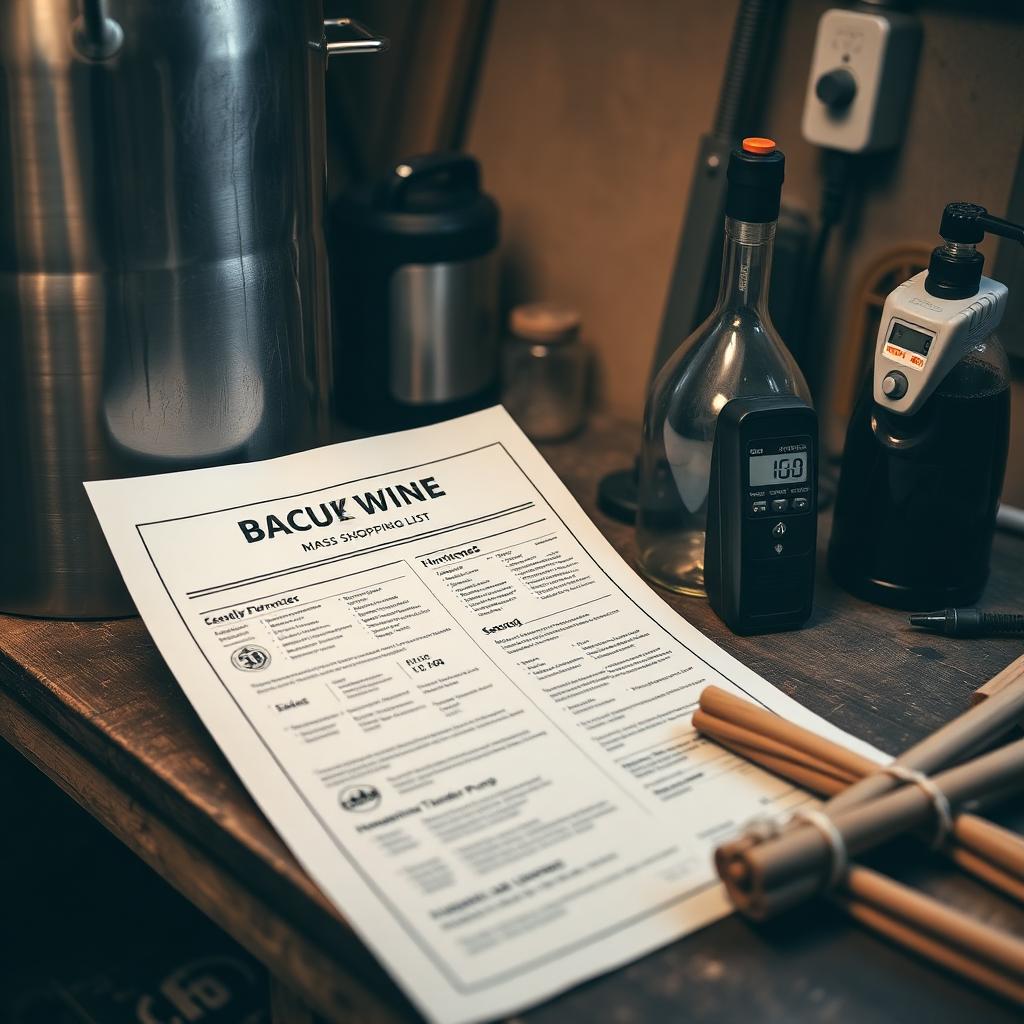 A printed Backup Wine big-batch shopping list on a workshop bench beside a Speidel fermenter, glass demijohn, Vinmetrica SO2 analyzer, pH meter, transfer pump, and Hungarian oak staves
