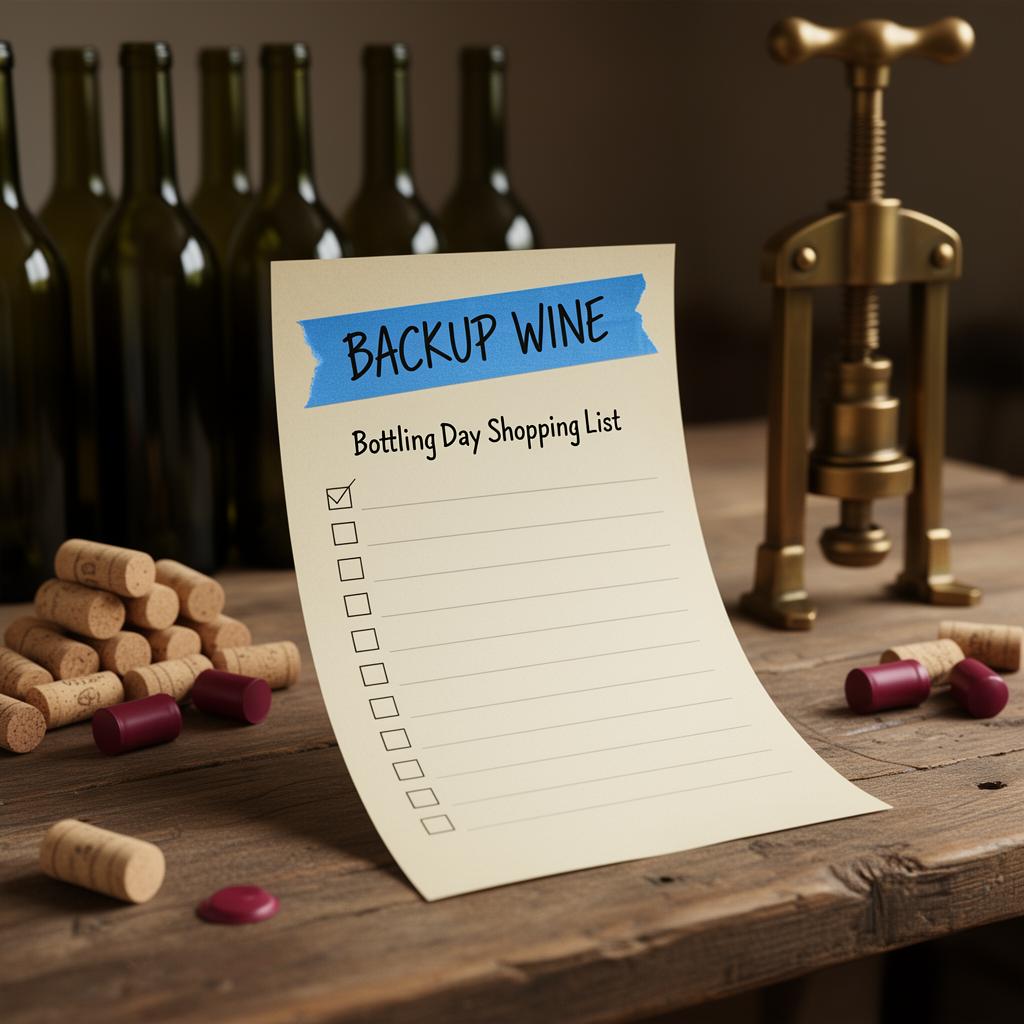 A printed Backup Wine bottling day shopping list on a wooden workbench beside empty green wine bottles, a brass floor corker, natural corks, and burgundy shrink capsules
