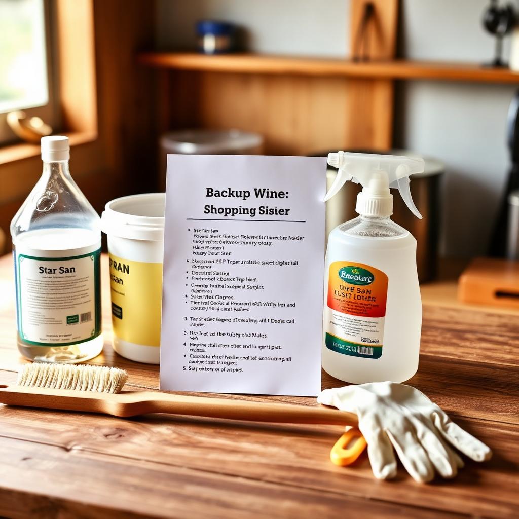 A printed Backup Wine cleaning and sanitation shopping list standing on a wooden workbench beside Star San, PBW, One Step cleanser, brushes, a spray bottle, and nitrile gloves