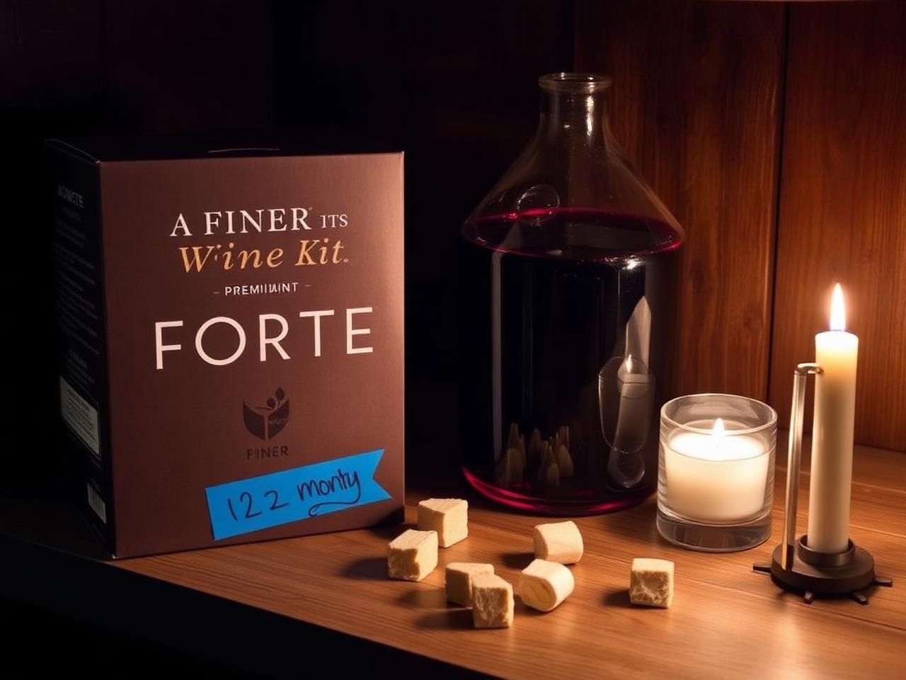 Finer Wine Kits Forte premium red wine kit box on a dark cellar shelf beside a glass carboy of aging wine and French oak cubes