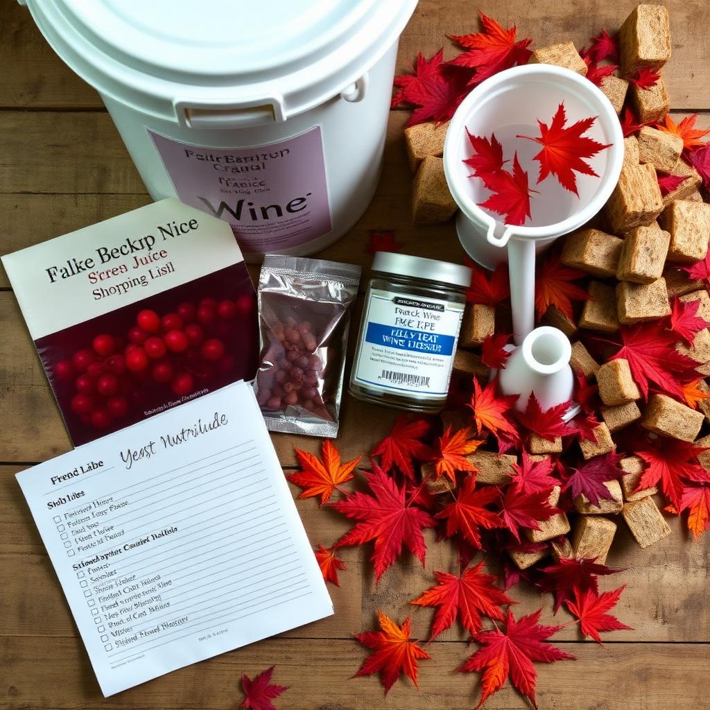 A printed Backup Wine fresh juice pail shopping list on a workbench beside a juice pail, foil sachet of yeast, jar of nutrient, large funnel, and French oak cubes, with autumn maple leaves