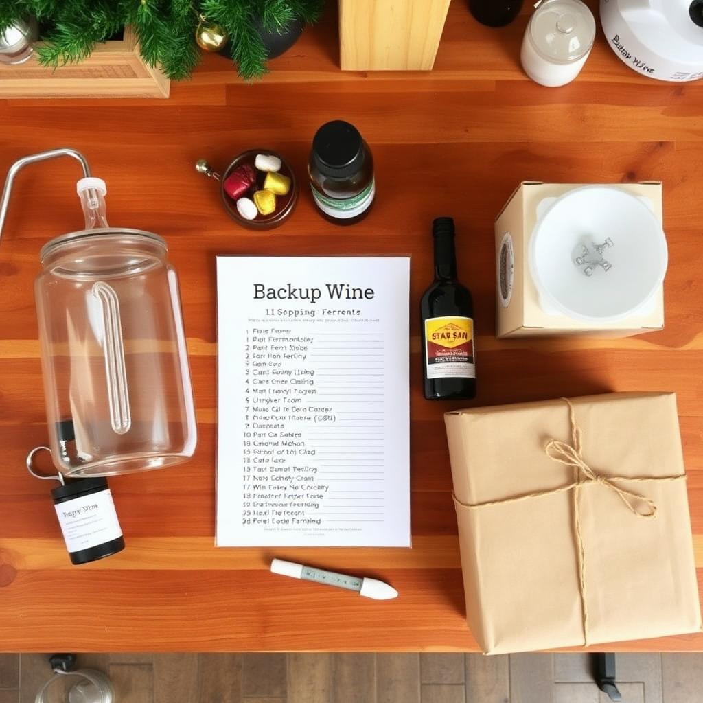 A printed Backup Wine gift shopping list on a wooden workbench arranged like a holiday present beside a clear PET Fermonster fermenter, auto-siphon, Star San bottle, hydrometer, stirring spoon, and a wine kit wrapped in kraft paper with twine