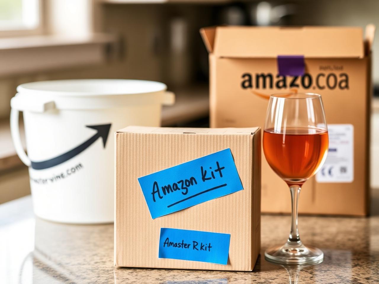 Master Vintner Weekend Wine Kit box on a kitchen counter beside an Amazon shipping box and a glass of light red wine