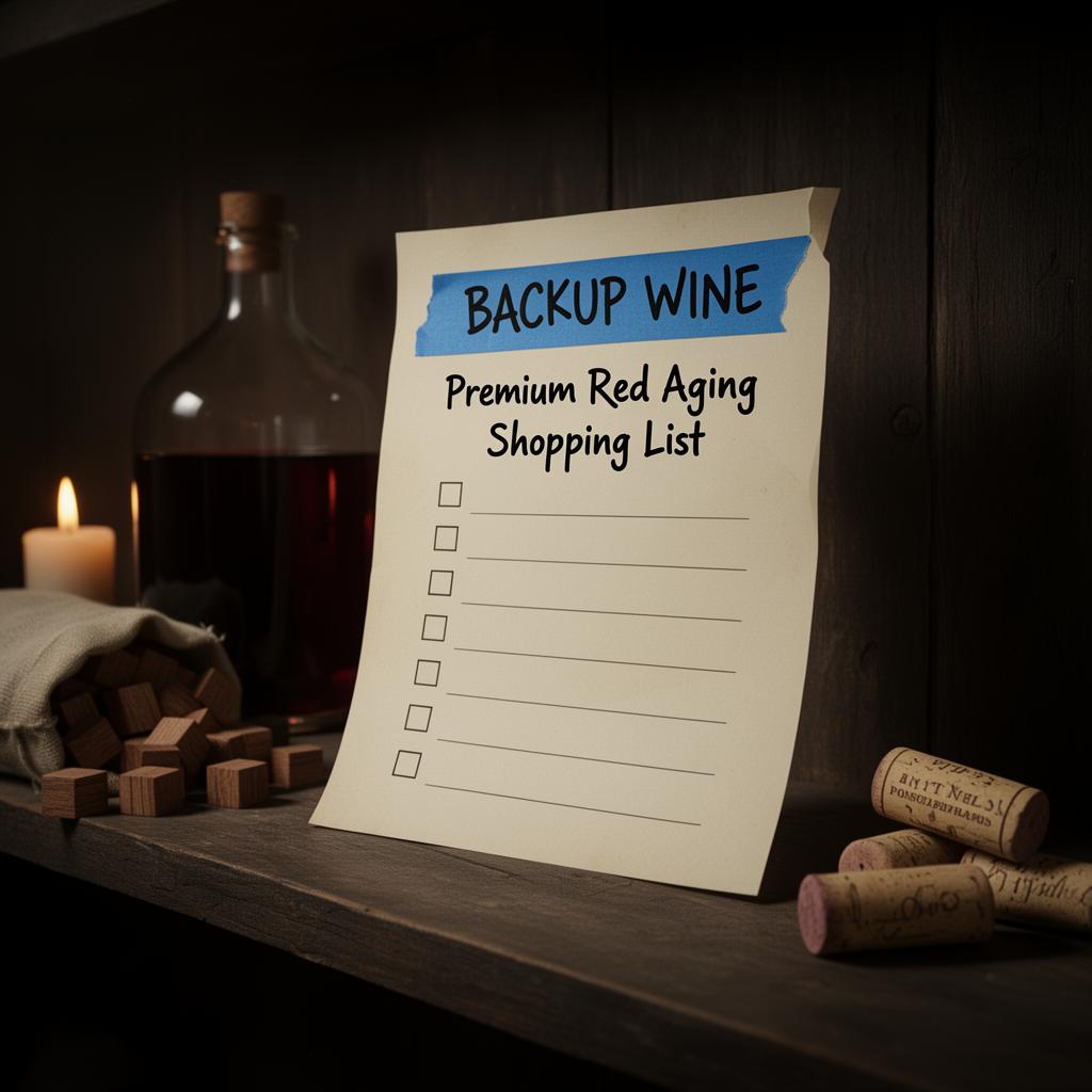 A printed Backup Wine premium red aging shopping list on a dark cellar shelf beside a glass carboy of deep ruby aging wine, French oak cubes, and natural wine corks