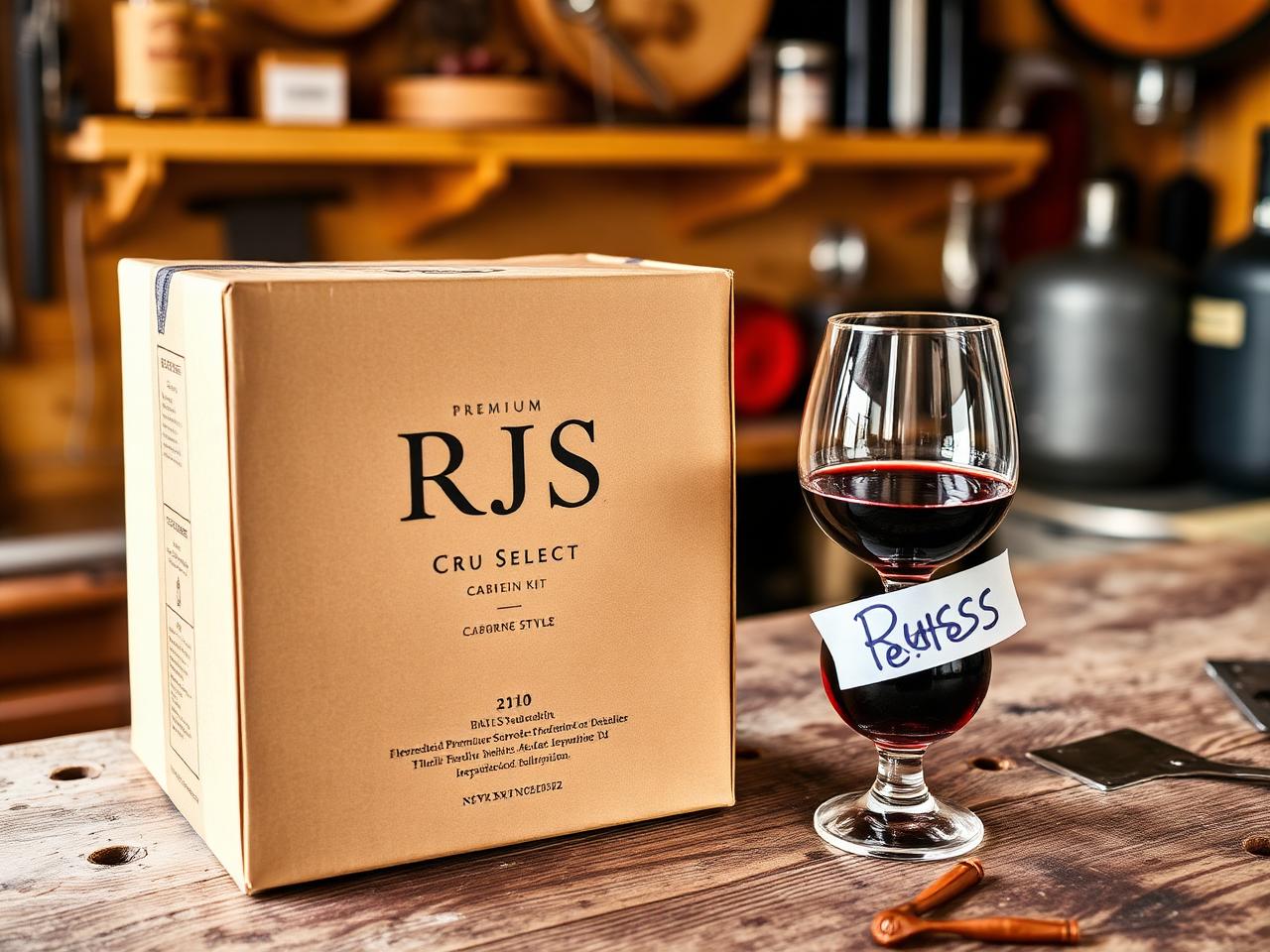 RJS Cru Select Cabernet Sauvignon kit box on a workbench beside a glass of finished red wine with a Russ-tested painters tape label