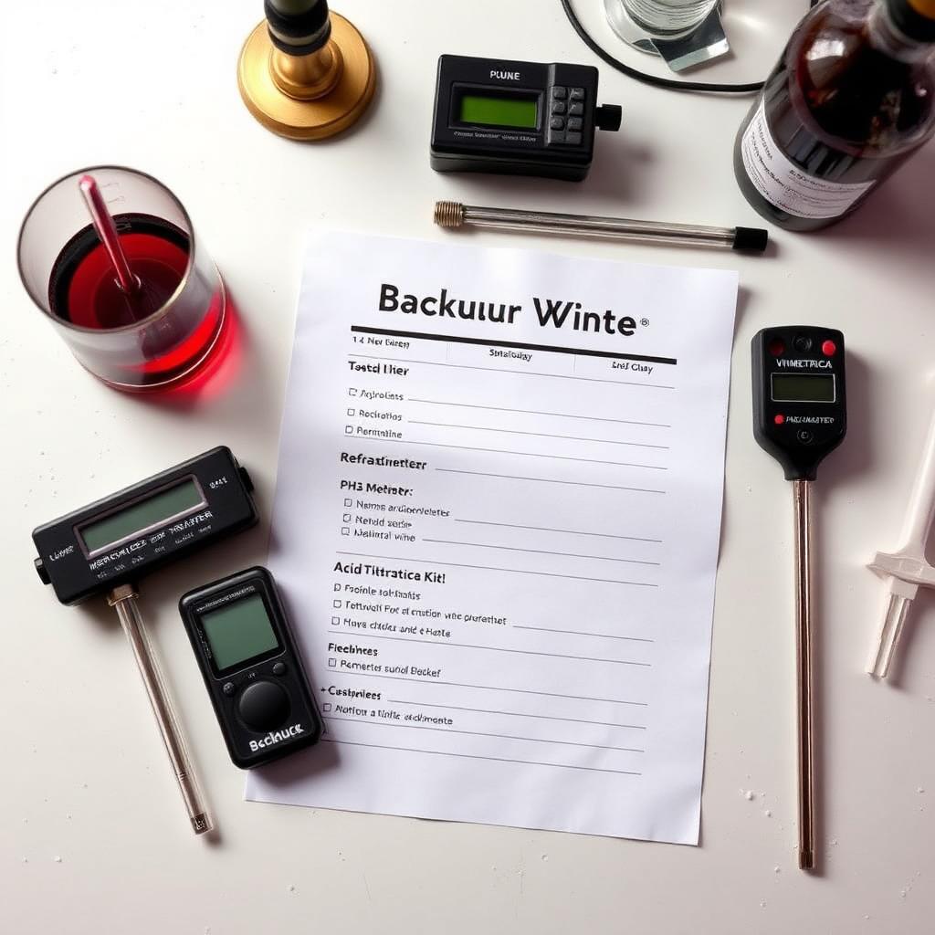 A printed Backup Wine testing and measurement shopping list on a clean lab-style bench beside a hydrometer in red wine, refractometer, pH meter, Vinmetrica SO2 analyzer, acid titration kit, and a wine thief