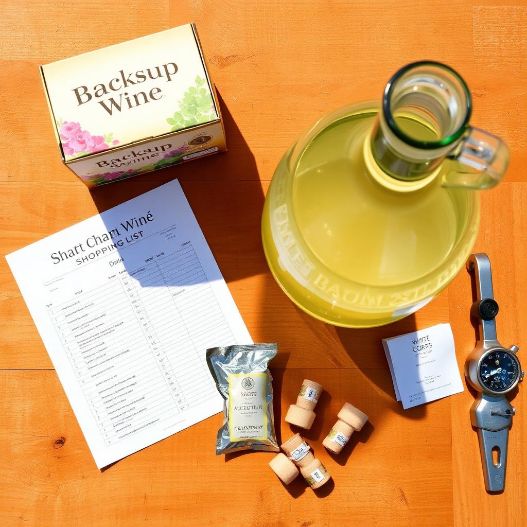 A printed Backup Wine white and rosé shopping list on a sunny wooden workbench beside a Chardonnay kit, glass carboy of pale white wine, foil sachet of yeast, synthetic corks, and a refractometer