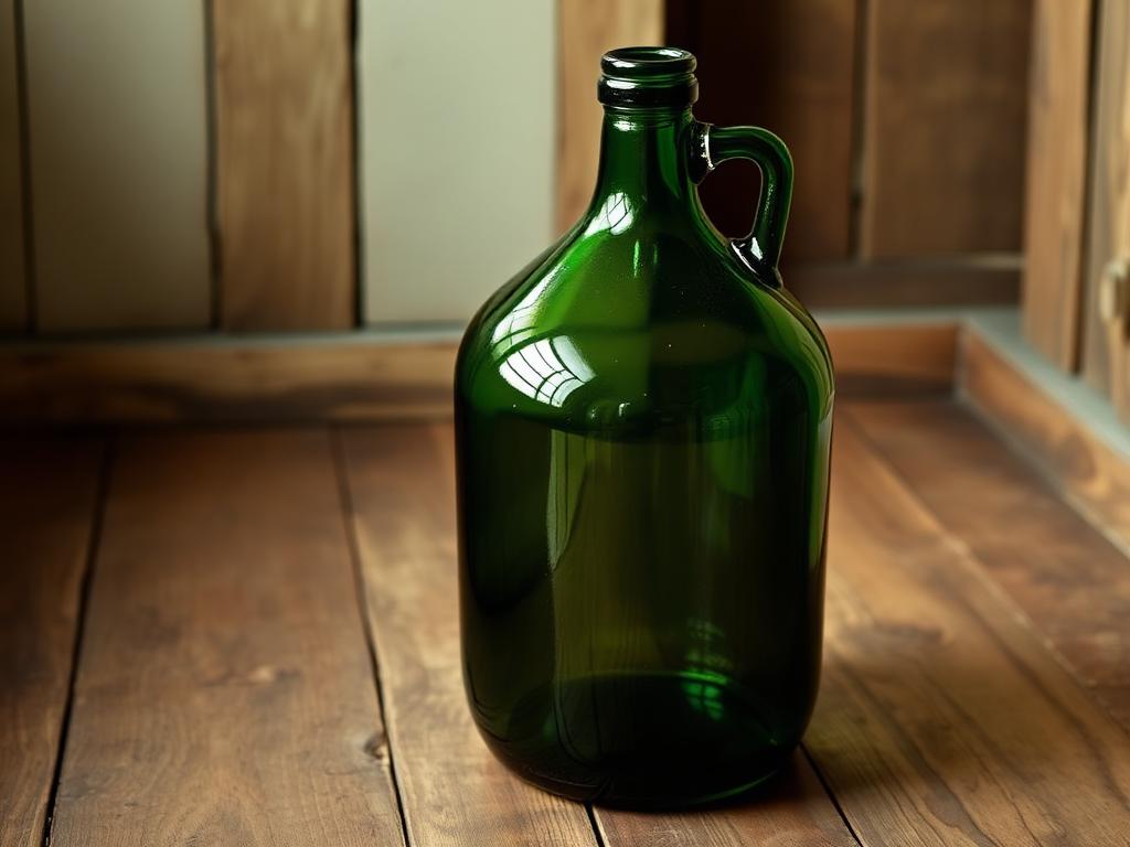 A traditional 23-liter green glass demijohn carboy on a rustic wooden floor