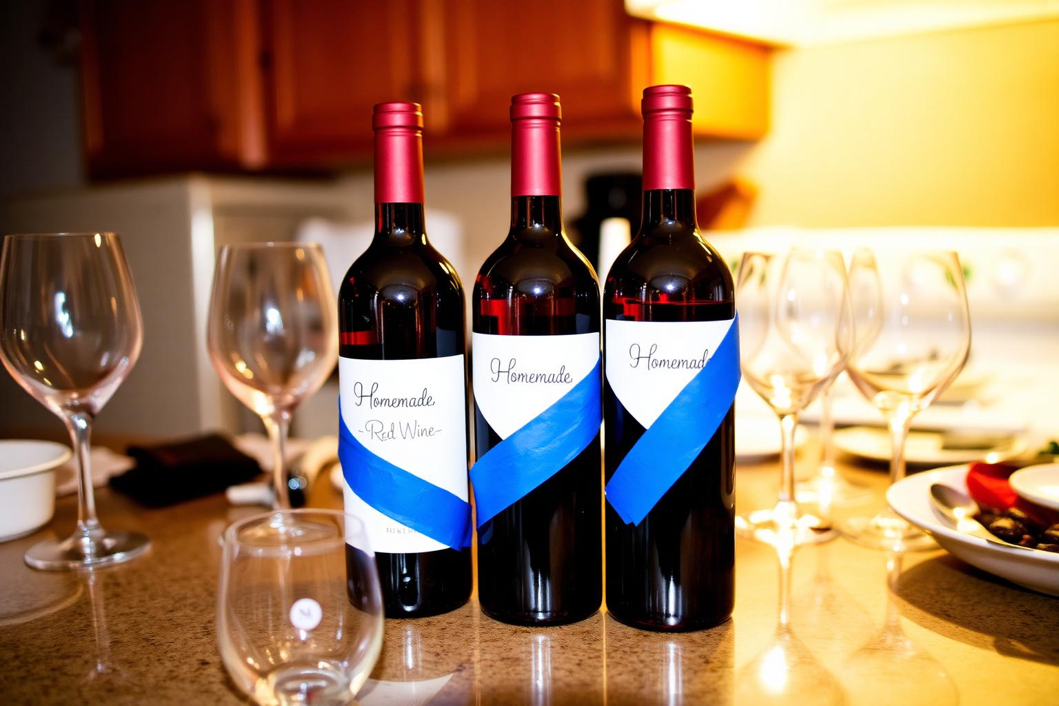 Three open bottles of homemade red wine with blue painters tape labels lined up on a kitchen counter after a dinner party.