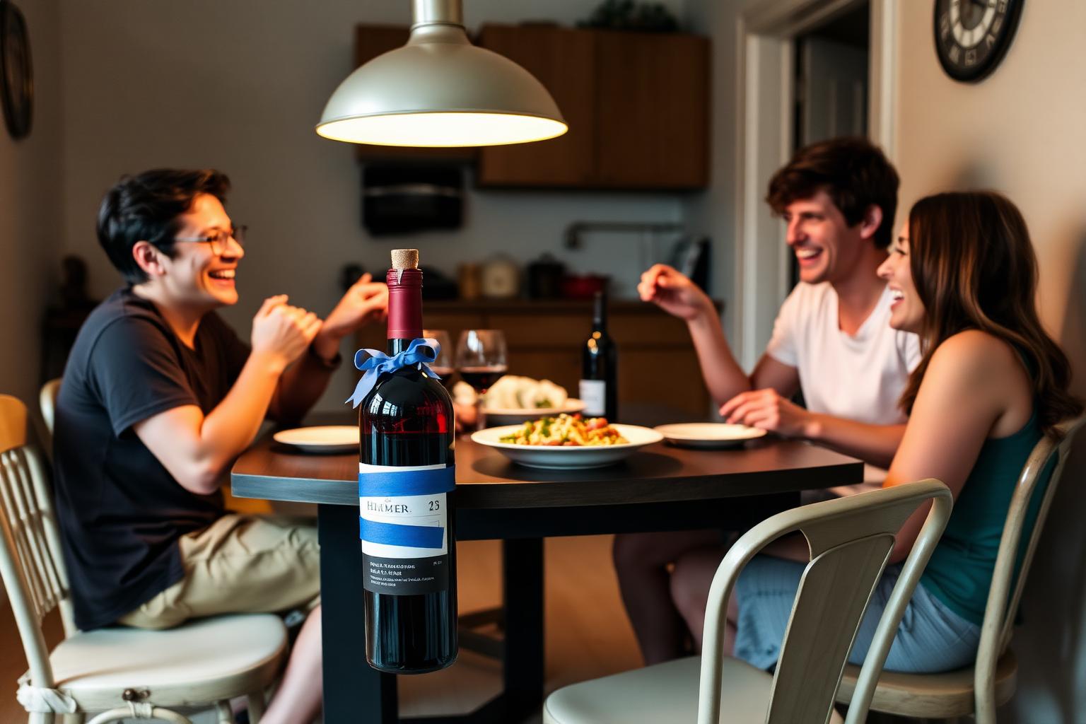 Four friends at a small kitchen table with mismatched chairs, a simple pasta dish, and open bottles of homemade red wine with blue tape labels.