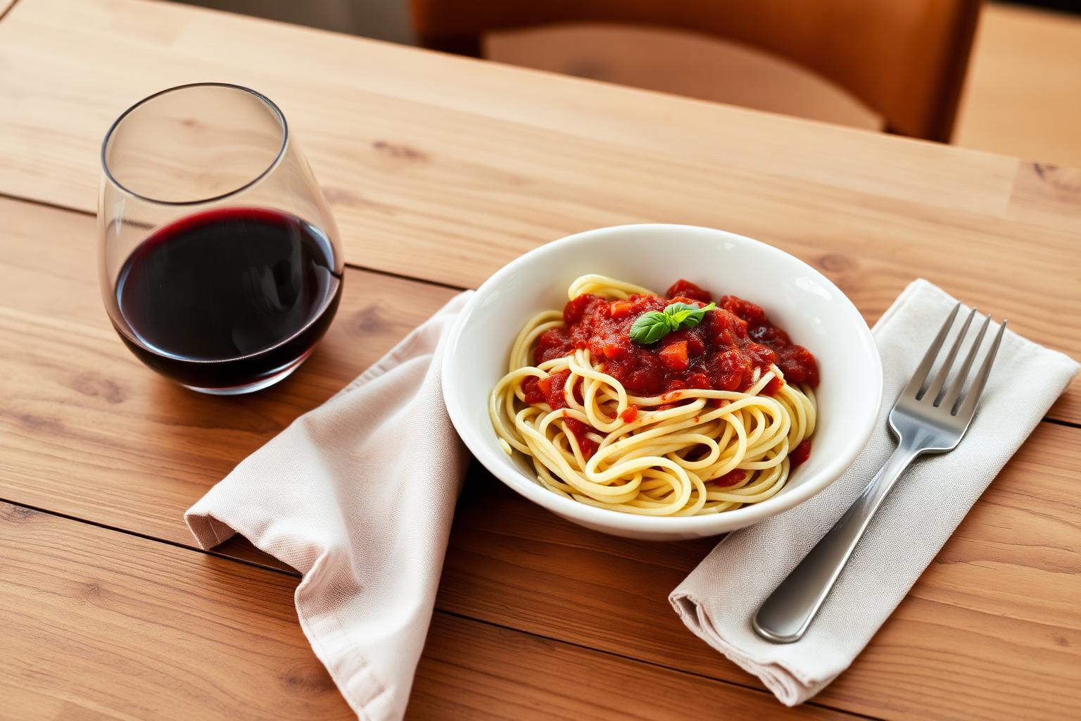 A simple bowl of pasta with red sauce next to a glass of homemade red wine on a wooden table.