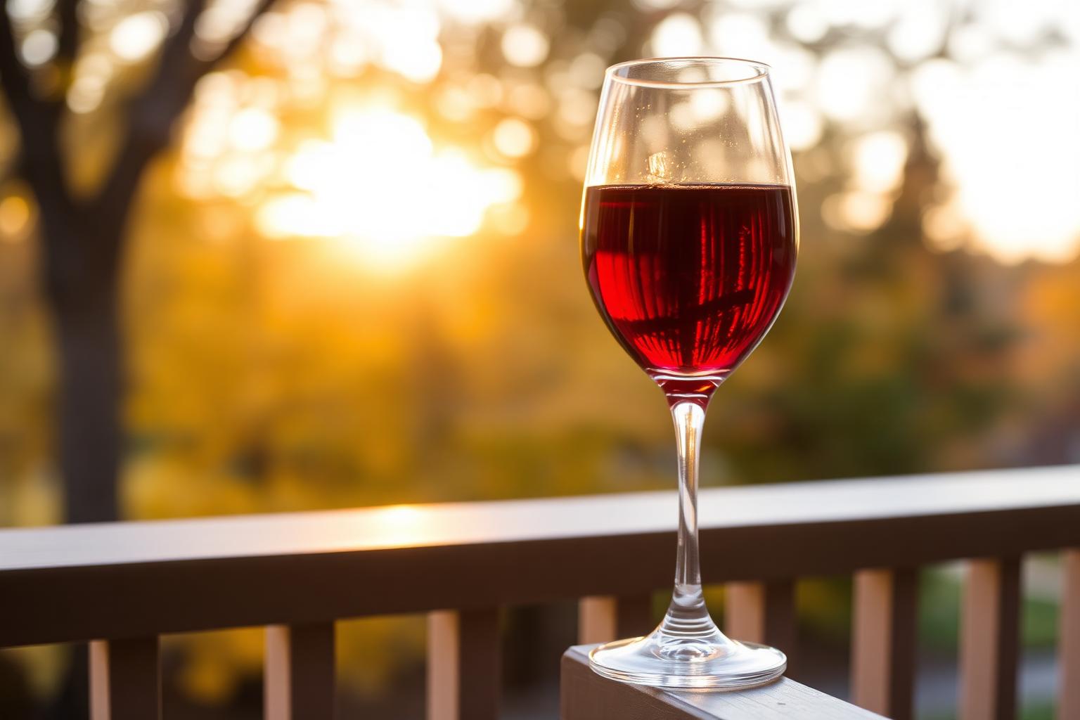 A glass of slightly off-dry red wine catching golden hour light on a porch railing, blurred autumn trees in the background