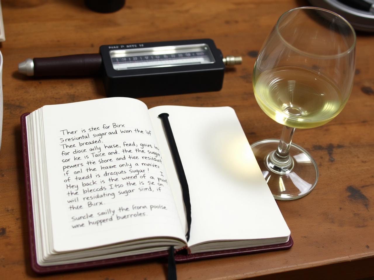An open notebook with handwritten tasting notes about residual sugar and Brix on a wooden workbench, with a hydrometer and wine glass nearby