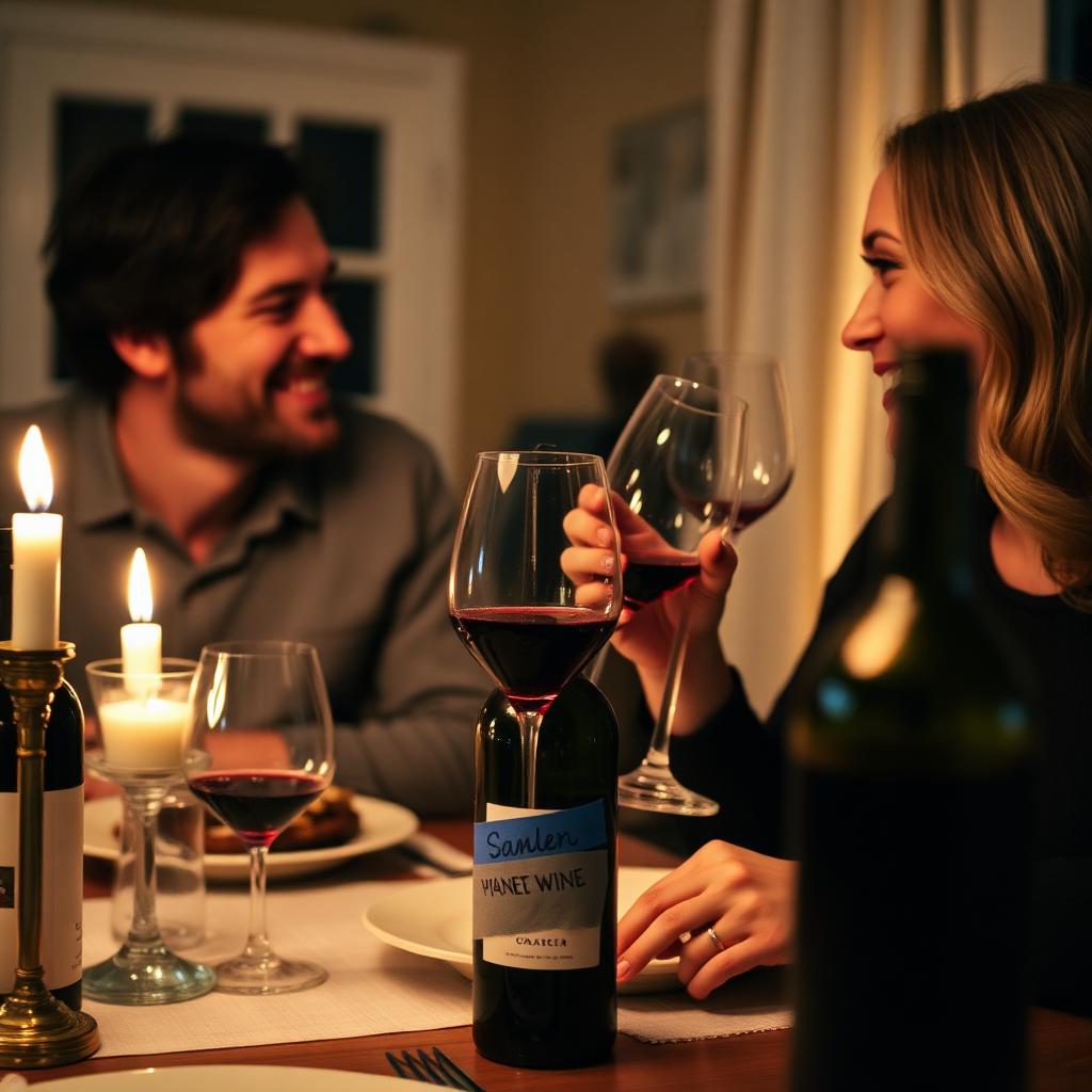 A couple enjoying a candlelit dinner with their homemade red wine